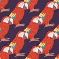 Hand drawn seamless pattern with bright realistic red ara parrot print design. Purple background. Doodle style Royalty Free Stock Photo