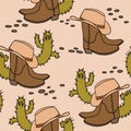 Hand drawn seamless pattern with brown cowboy boots, western neutral design. Retro vintage cowgirl hat green cactus Royalty Free Stock Photo