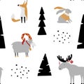 Hand drawn seamless pattern with bunny, fox, goat, elk and trees.