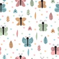 Hand drawn seamless pattern with butterflies and moths. Creative scandinavian childish background. Stylish decorative elements Royalty Free Stock Photo