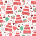 Hand drawn seamless pattern of cakes, gifts, air balloons, hearts, strawberries, cherries, cupcakes, stars. Party illustration for