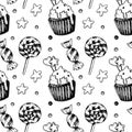 Hand drawn seamless pattern with candies and cupcakes. Vector illustration in sketch style Royalty Free Stock Photo