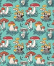 Hand drawn seamless pattern with cartoon mushroom and toadstools. Vector illustration for fabric or wrap paper design.