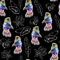 Hand drawn seamless pattern with cassowary birds and tropical fruit and leaves on black background.