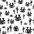 Hand drawn seamless pattern with ccati. Saguaro, agaves, and opuntia cactuses on white background. Stilish design for textile, wal