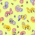 Hand drawn seamless pattern with chameleons and flies. Perfect for T-shirt, fabric, textile and print. Doodle vector illustration