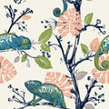 Hand drawn seamless pattern with chameleons and plants. Hameleons are sitting on the branches. Tropical wallpaper