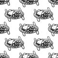 Hand drawn seamless pattern of chicken, steaks and sausages on the grill