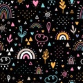 Hand drawn seamless pattern. Childish background with rainbows. Nursery design for kids. Trendy texture for fabric, wrapping paper