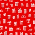 Hand drawn seamless pattern. Christmas presents on red background. Vector illustration