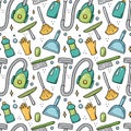 Hand drawn seamless pattern of cleaning equipments