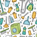 Hand drawn seamless pattern of cleaning equipments