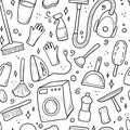Hand drawn seamless pattern of cleaning equipments