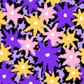 Hand drawn seamless pattern of colorful blue purple pink yellow flowers, summer spring floral print. Bright vibrant Royalty Free Stock Photo