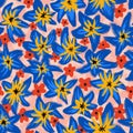 Hand drawn seamless pattern of colorful blue red yellow flowers, summer spring floral print. Bright vibrant modern loose Royalty Free Stock Photo