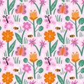 Hand drawn seamless pattern with colorful charcoal flowers bees butterflies. Bright funny print for nursery kids Royalty Free Stock Photo