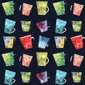 Hand drawn seamless pattern with colorful cups and mugs