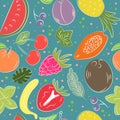 Hand drawn seamless pattern with colorful doodle fruits. Royalty Free Stock Photo