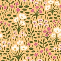 Hand drawn seamless pattern with colorful meadow flowers on yellow background. Bright funny print for nursery kids Royalty Free Stock Photo