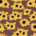 Hand drawn seamless pattern of composition blooming sunflowers and colorful leaves. Decorative autumn watercolor bouquet Royalty Free Stock Photo