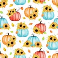 Hand drawn seamless pattern of composition blooming sunflowers, pumpkins, leaves. Decorative colorful autumn watercolor Royalty Free Stock Photo