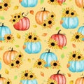 Hand drawn seamless pattern of composition blooming sunflowers, pumpkins, leaves. Decorative colorful autumn watercolor Royalty Free Stock Photo