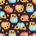 Hand drawn seamless pattern of composition blooming sunflowers, pumpkins, leaves. Decorative colorful autumn watercolor Royalty Free Stock Photo