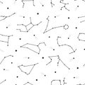 Hand drawn seamless pattern of constellations celestial space. Zodiac horoscope symbol, star astrology, sign, icon. Magic space Royalty Free Stock Photo