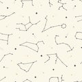 Hand drawn seamless pattern of constellations celestial space. Zodiac horoscope symbol, star astrology, sign, icon. Magic space Royalty Free Stock Photo