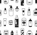 Hand drawn seamless pattern with cosmetics. Actual vector drawing background with beauty products Royalty Free Stock Photo