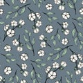 Hand drawn seamless pattern of cottons. Botanical colorful plant and branches with leaves. Decorative floral vector illustration