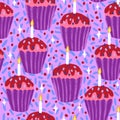 Hand drawn seamless pattern with cupcake pastry bakery baking food. Pastel blue pink purple sweet tasty candy dreamy