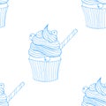 Hand drawn seamless pattern cupcakes with berries and straw. Vector illustration