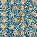 Hand drawn seamless pattern with cute cats in the jungle. Perfect print for tee, paper, textile and fabric. Doodle vector