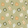 Hand drawn seamless pattern with cute christmas tree decorations.