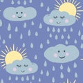 Hand drawn seamless pattern with cute clouds sun on blue background. Rain raindrops funny faces eyes pink cheeks, kids Royalty Free Stock Photo