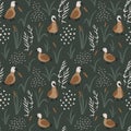 Hand drawn seamless pattern with cute Ducks in a reeds.