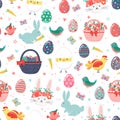 Hand drawn seamless pattern of cute Easter eggs, chicken, rabbit, bunny, chick in eggshell, flowers, butterfly, baskets, carrots, Royalty Free Stock Photo