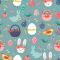 Hand drawn seamless pattern of cute Easter eggs, chicken, rabbit, bunny, chick in eggshell, flowers, butterfly, baskets, carrots, Royalty Free Stock Photo