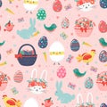 Hand drawn seamless pattern of cute Easter eggs, chicken, rabbit, bunny, chick in eggshell, flowers, butterfly, baskets, carrots, Royalty Free Stock Photo