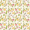 Hand-drawn seamless pattern of cute ripe summer vegetables and fruits harvest