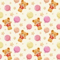 hand-drawn seamless pattern with cute teddy bears, balloons and stars. Royalty Free Stock Photo