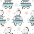 Hand drawn seamless pattern with Cute zebra In the trailer. Pattern print for kids