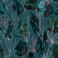Hand drawn seamless pattern with dark green leaves