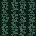 Hand drawn seamless pattern with dark sage green forest wood mushrooms. Woodland minimalist toadstool wild fungus fungi