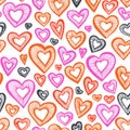 Hand drawn seamless pattern, decorative stylized hearts. Doodle style, tribal graphic illustration