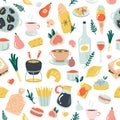 Hand drawn seamless pattern with delicious French food. Vector illustration