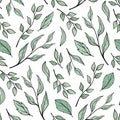 Hand drawn seamless pattern of different branches with green leaves. Botanical leaf of tree and plant. Decorative vector