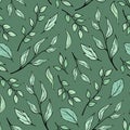 Hand drawn seamless pattern of different branches with green leaves. Botanical leaf of tree and plant. Decorative vector