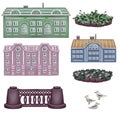 Hand drawn seamless pattern with different cafe, shops and stores Repeatable background with cute city buildings facades Royalty Free Stock Photo